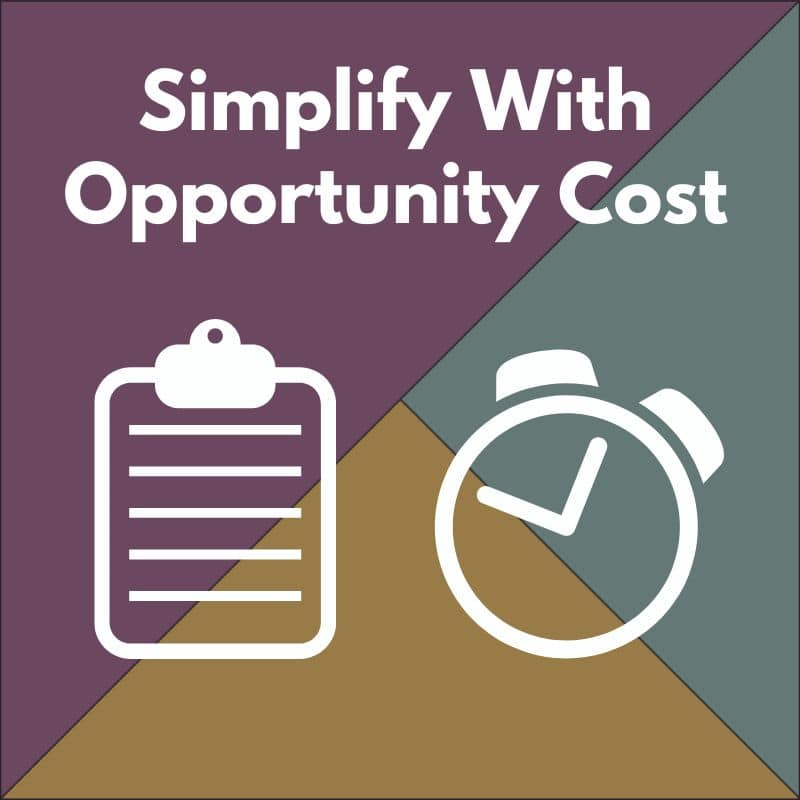 Text: Simplify with Opportunity Cost with an icon of a clipboard an a clock on the colored logo of the Quilt Pattern Designer site.